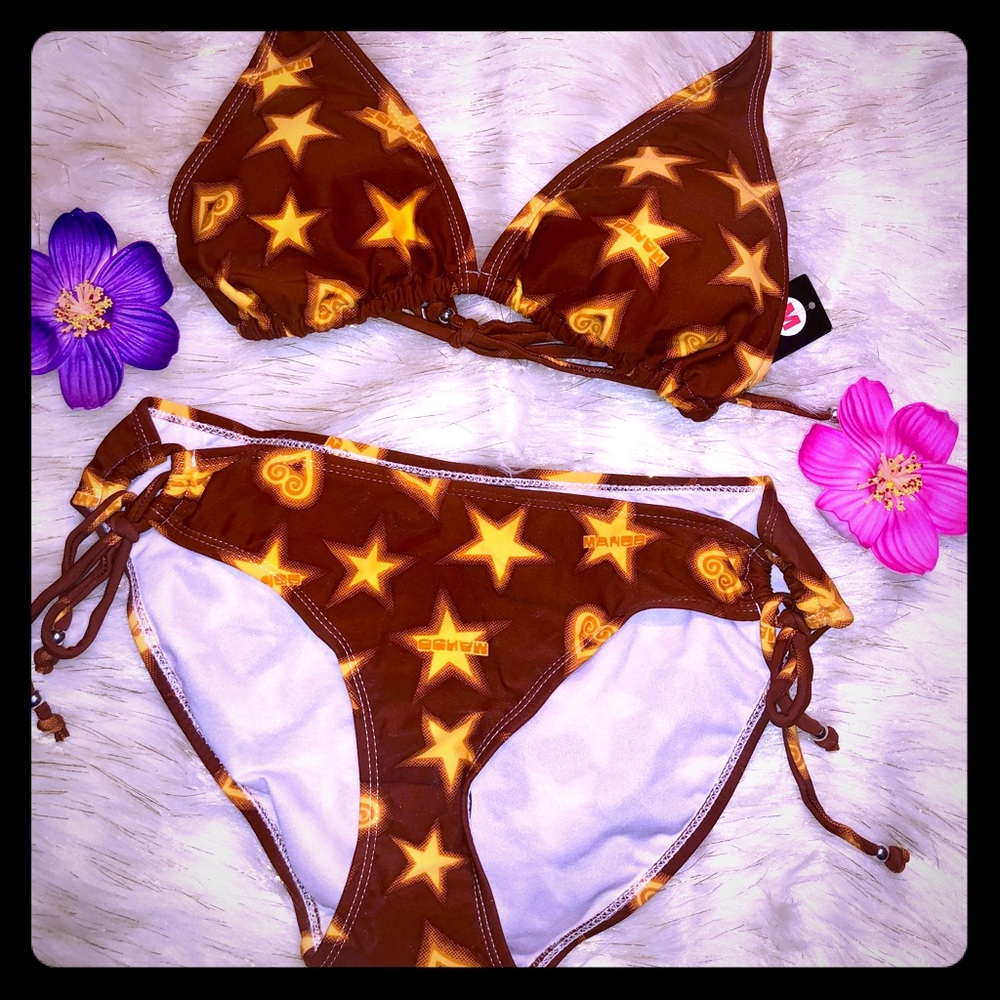 Ko-ko K cute brown/yellow stars/hearts 2pc bikini